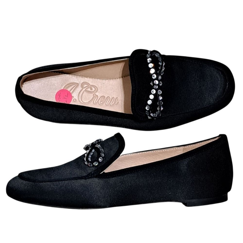J. Crew Marie Bow Elegant Slip On Loafers Rhinestone Detail Satin Size 6.5 Black